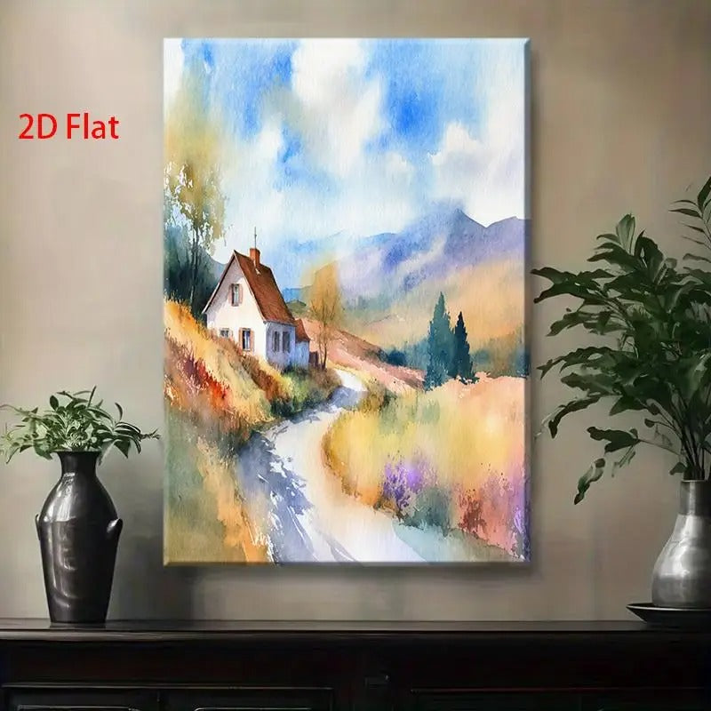 Serene Watercolor Mountain Cabin Landscape Painting