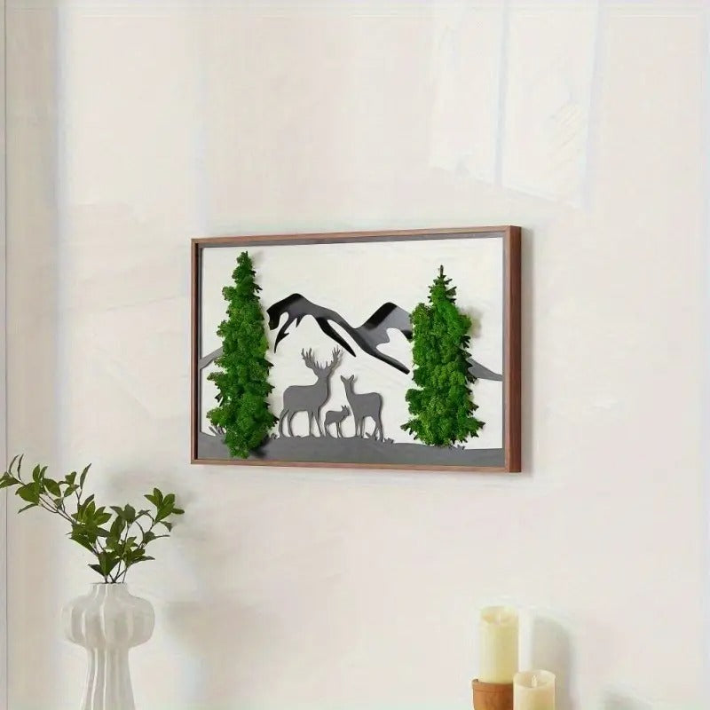 SENBOWE Deer Metal Wall Art With Moss Pine Trees