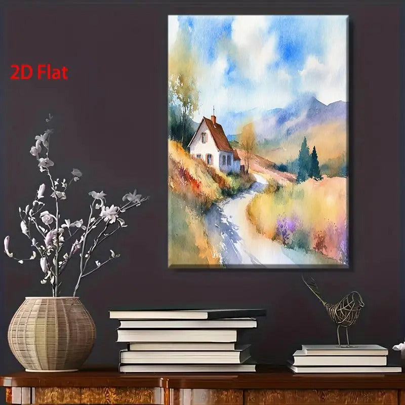 Serene Watercolor Mountain Cabin Landscape Painting